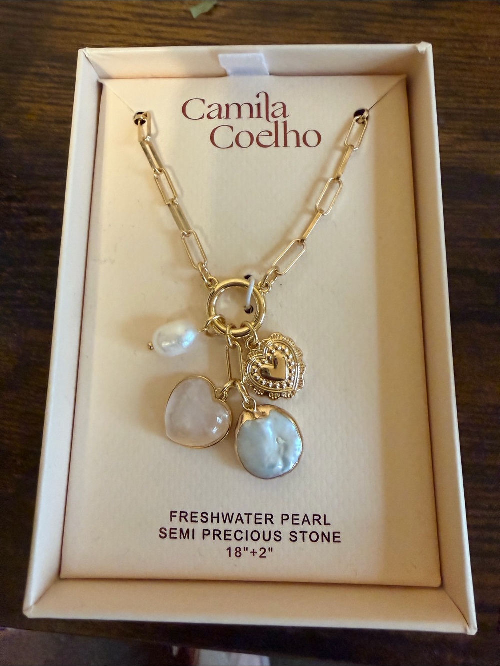 Camila Coelho Gold Chain Necklace with White Pearls and Heart Charms